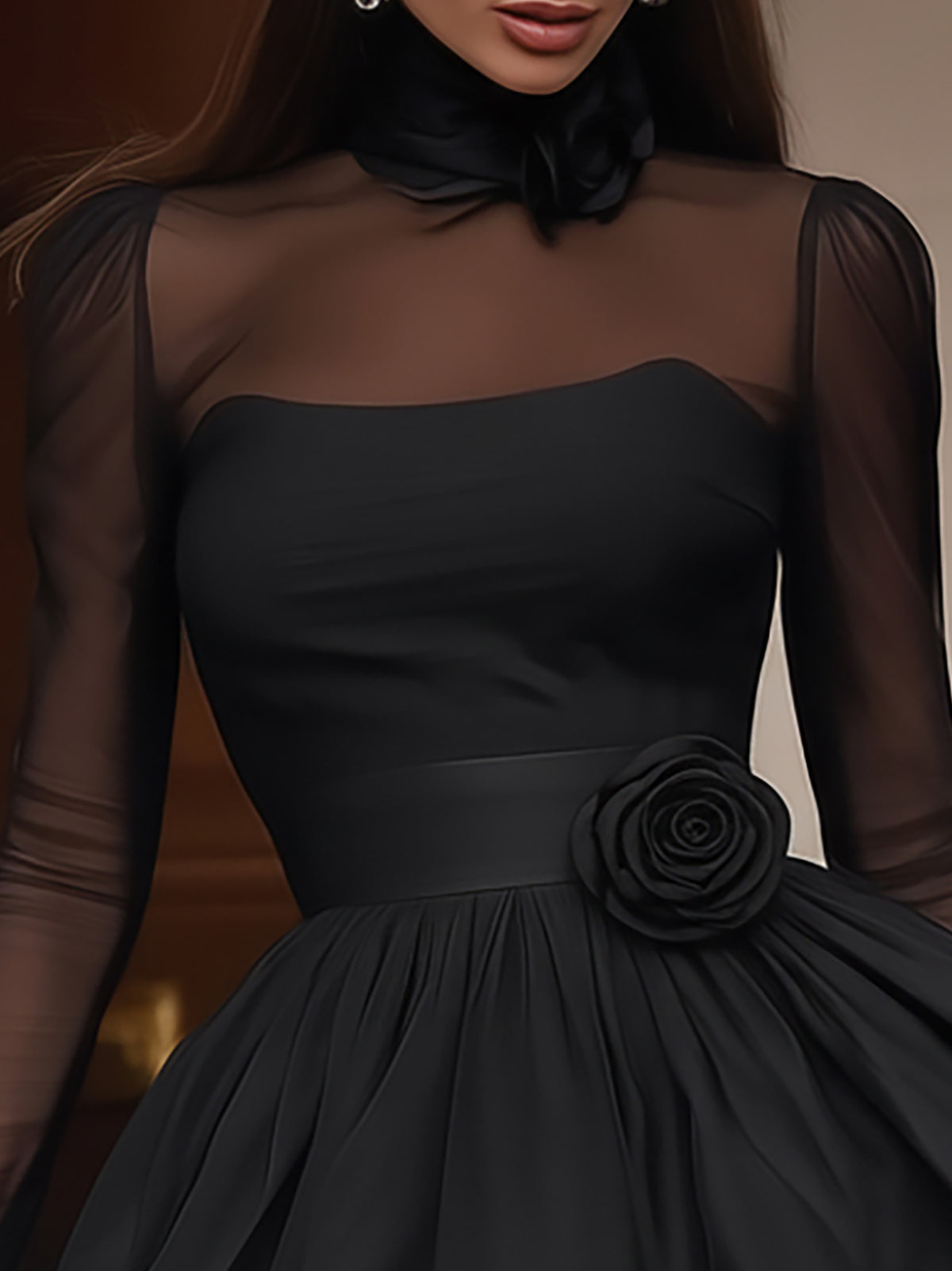 Imperialiris Black Mesh Sleeve Mini Dress with Rose Detail